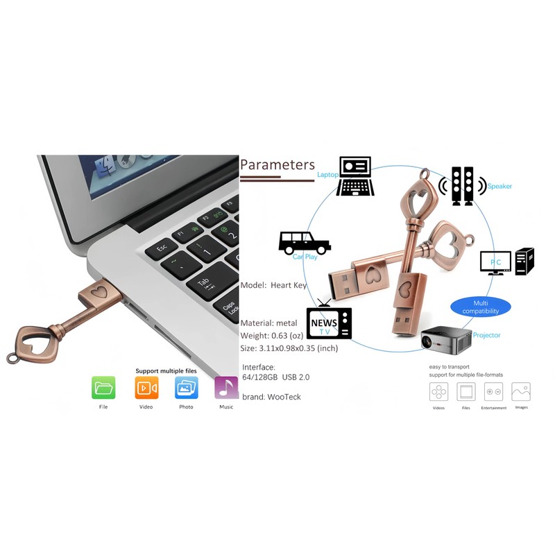 WooTeck 128GB HeartKey USB Flash Drive Metal Key Heart Data