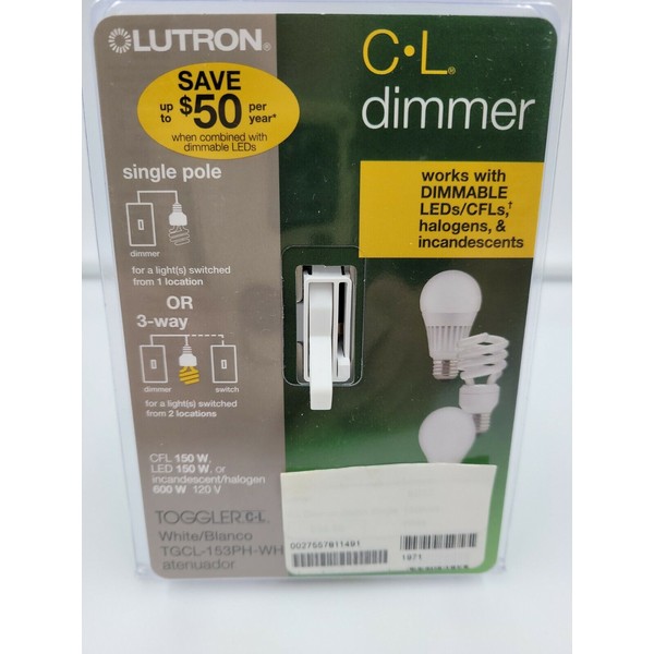 Lutron CL Dimmer Switch Single Pole or 3Way Dimmable LEDs/CFLs Halogens White