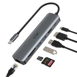JESWO Hub USB C 3.0, 7 en 1 Adaptador USB C con HDMI 4K, 2USB 3.0, USB C 100W PD Carga, Ethernet RJ-45 de 1000 W, Lector de Tarjetas SDTF, Adaptador  