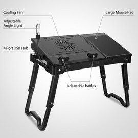 Foldable Laptop Desk with LED Light, 4 USB Ports, Adjustable Shelf, for Living Room, Office, Bedroom, Study(20.87" L x 11.81" W x 2.56" H). (Black)