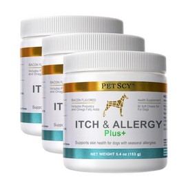PetScy Itch & Allergy Plus Chews for Dogs Itchy Skin, Ears & Paws | Probiotics, Moringa & Turmeric | for Skin Redness, Hair Loss Gut & Digestive Health - Bacon Flavor - 60 Chews (Pack of 3)