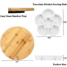 DEAYOU 11'' Lazy Susan Serving Tray, Porcelain Divided Platter with Silent Rotating Tray, Ceramic Appetizer Sectional Dish with Swivel Bamboo Tray for Chips and Dip, Nuts, Fruit, Veggie, Flower Shape