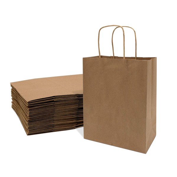 Brown Gift Bags with Handles - 8x4x10 Inch 25 Pack Small Kraft Paper Shopping Bags, Craft Totes in Bulk for Boutiques, Small Business, Retail Stores, Birthdays, Party Favors, Jewelry, Merchandise