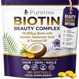 Puretrex Biotin 10, 000mcg Hair Skin and Nails Vitamins, 180 Vegan Softgels