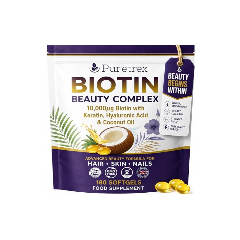 Puretrex Biotin 10, 000mcg Hair Skin and Nails Vitamins, 180