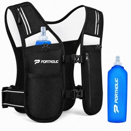 PORTHOLIC Hydration Running Vest for Women Men, Adjustable Hydration Vest with 500ml/17oz Soft Flask, Reflective Lightweight Runners Vest, 6 Pockets, Breathable for Jogging Hiking Marathon