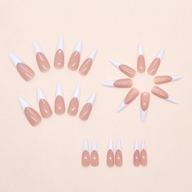 Stilettos Press on Nails White French Tip False Nails Glossy Extra Long Natural Glue on Nail Reusable Artificial Acrylic Stick on Nail for Women