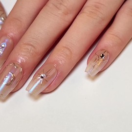 ANDGING Coffin Press on Nails Short Medium Ombre Brown Glue on Nails with Star Moon Rhinestone Designs Manicure Gel Fake Nails for Women Wedding Classy Acrylic False Stick on Nails 24 Pcs