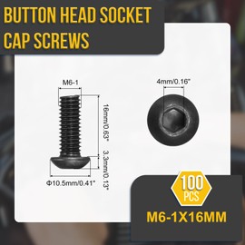 DTGN M6-1x16mm Button Head Socket Cap Screws - 100Pack - Good for Road Bicycle, Mountain Bike, Auto, Motorcycle - Carbon Steel Black Oxide - Hex Drive Fasteners