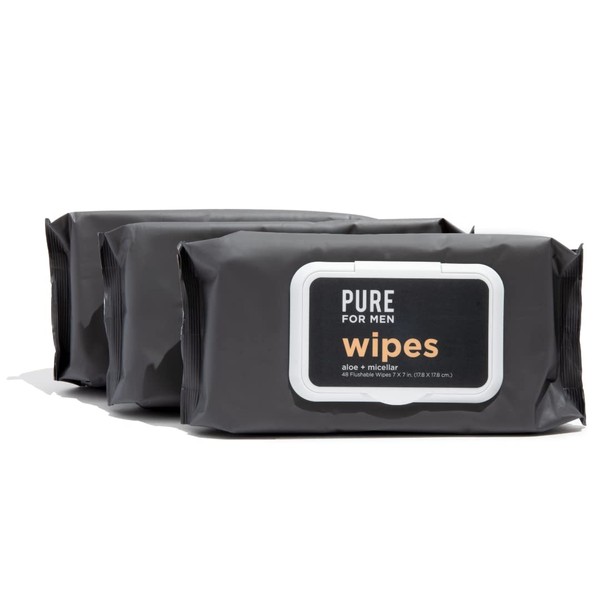 Pure for Men Flushable Wipes | Eliminates Odor, 100% Biodegradable, Paraben & Alcohol Free | Vitamin E, Micellar & Aloe Vera | 48 Count (3 Pack)