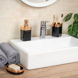 bremermann Savona Bathroom Set 3-Piece Plastic Black Rose Gold Soap Dish Soap Dispenser Cup
