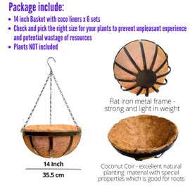 LaLaGreen Outdoor Hanging Baskets for Plants (6 Pack, 14 Inch) Large Black Hanging Planters with Coco Liner, Flat Iron Round Plant Metal Flower Pots for Deck Patio Porch Garden Balcony Outside Decor