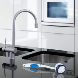 Relaxdays 6 x Washing Up Brush, Medium Bristles, Rubberised Handle, Plastic Kitchen Brush, Hanging Dish Brush, White / Blue