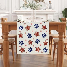 QIONG MENG 4th of July Table Runner Dog Paw Stars Heart Memorial Day Independence Day Patriotic Decorations Kitchen Dining Table Home Decor 13x60 Inch
