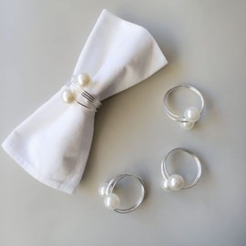 wonlex Pearl Napkin Rings Set of 12, Silver Napkin Ring Pearls for Easter, Thanksgiving Day, Christmas, Birthday Party and Table (Pearls - Silver)