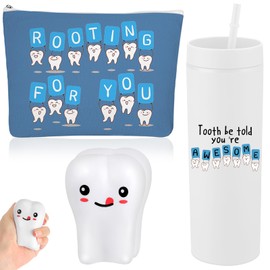 Skylety 3 Pcs Nurses Week Gifts Dental Assistant Hygienist Appreciation Gift 16oz Tumbler with Lid Cute Teeth Makeup Bag Stress Toy Employee Thank You Dentist Coworker Nurse Student Graduation(White)