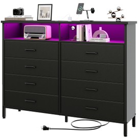 SOOWERY Black Dresser for Bedroom Led Bedroom Dresser with Charging Station, Tall Dressers with 8 Fabric Chest of Drawers, Dressers for Kids Room, TV Stand for up to 60" TV for Living Room
