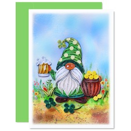 KingKraft St. Patrick's Day Card, Green Gnome Quilling Card, Artful Holiday Greeting Card, Handcrafted St Patrick Day Card, Vintage Saint Patrick's Card for Family, Friend, Blank Inside with Envelop