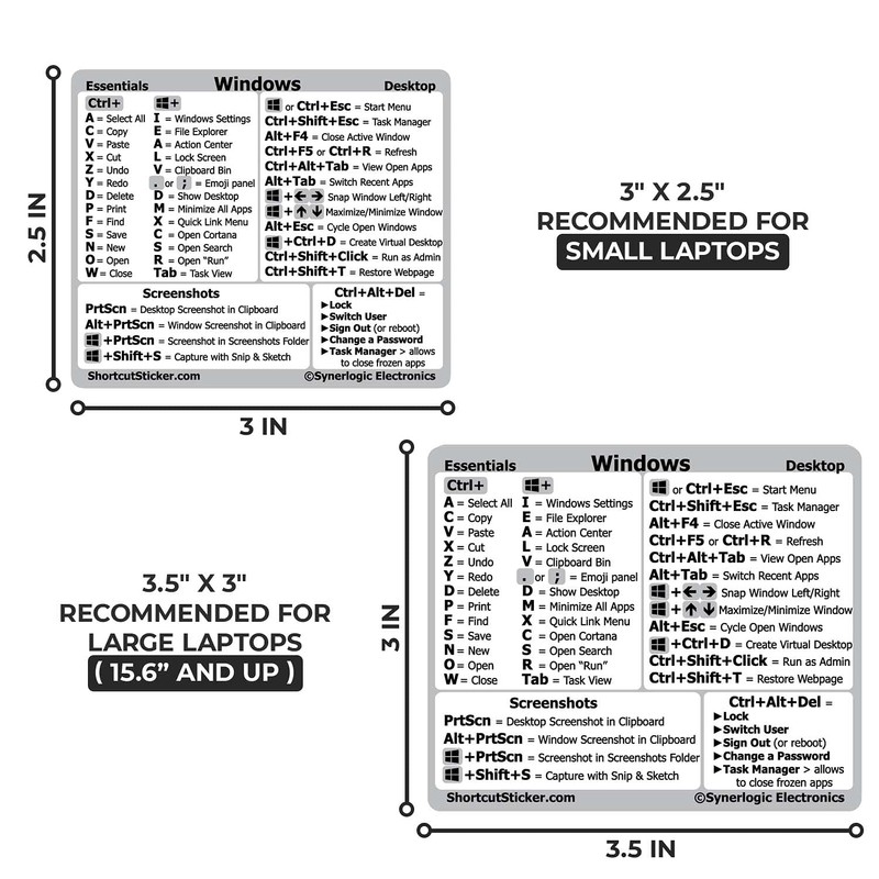 SYNERLOGIC Windows PC Reference Keyboard Shortcut Sticker | Vinyl, No-Residue