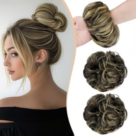 Qunlinta 2 PCS Large Messy Bun Hair Piece, Thick Wavy Curly Hair Bun Scrunchies Extensions Synthetic Chignon Updo Hairpieces for Women Girls Dark Brown Mix Ash Blonde