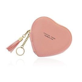 WisePoint Heart-shaped Coin Wallet, PU Leather Coin Pouch Change Purse with Keychain, Cute Coin Purse for Women and Girls, Coin Holder Coin Purses for Shopping, Travel (pink)