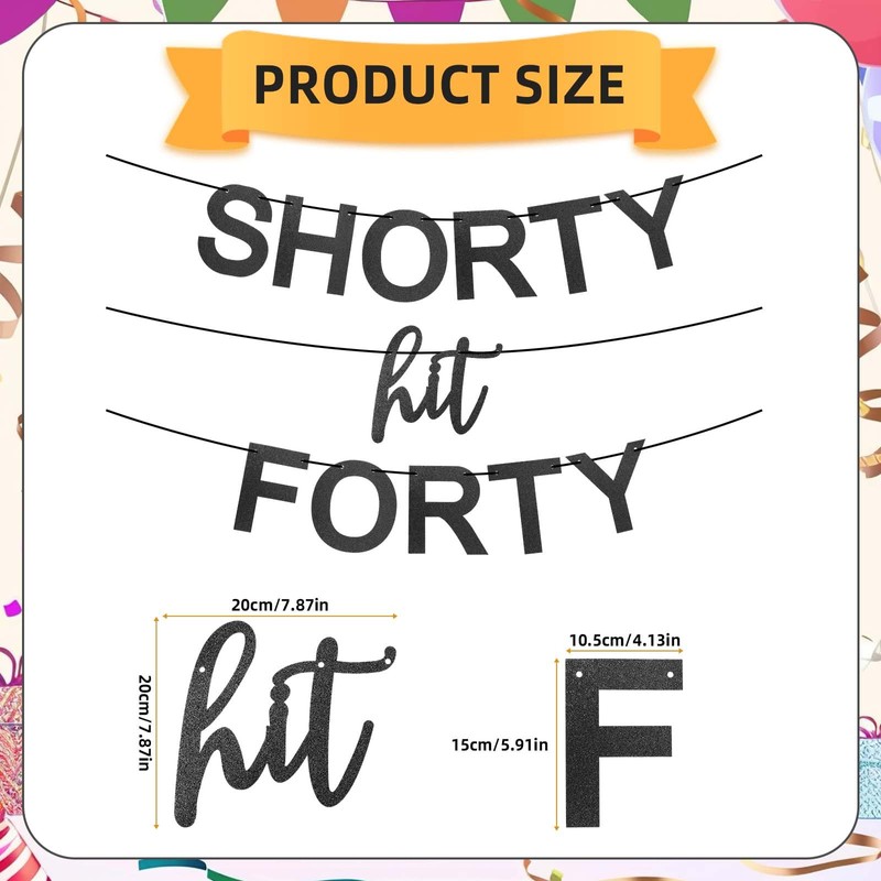 Shorty Hit Forty Birthday Banner, Pre-Threaded Black Glitter 40 Birthday