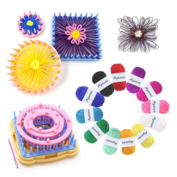 Ayasee Flower Loom, Flower Knitting Weaving Loom Kit, Frame Looms, Knitting Wool, Round/Square Knitting Looms Craft Kit (Flower Maker + Yarn)