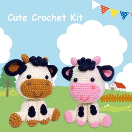 llyish Crochet Kit for Beginners 2pcs Beginner Crochet Kit for Adults with Step-by-Step Video Tutorials, DIY Crochet Animal Cow Kits (Cow)