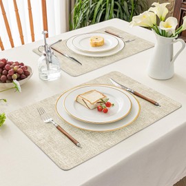 Boobezeen Faux Leather Placemats Set of 6, Heat Resistant Wipeable Washable Vinyl Place Mats, Waterproof Anti-Slip Dining Table Mats, Suitable for Indoor & Outdoor Use (Beige)