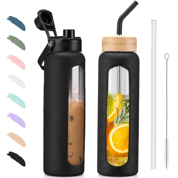 BLUEGO 900ml Glaswasserflasche mit Strohhalm und 2 Deckeln Kaffeetasse aus