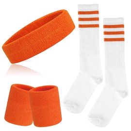 ONUPGO 5 Pieces Striped Sweatband and Socks Set, Striped Headband Sweatbands, Striped High Socks for Men, Women, Sports and 80s Party (Orange)