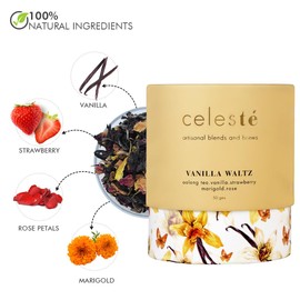 CelesTe Vanilla Waltz, Vanilla Tea - Premium Blend of Strawberry, Marigold, Rose petals | 100% Natural Loose Leaf Oolong Tea (1.76 oz) (50gm) (25 Cups)
