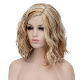 PORSMEER Women's Short Bob Curls Wig for Afro/Women/Girls Natural Middle Part Hair Wig Party/Costume Without Lace Front Wig (Blonde Mixed Brown)