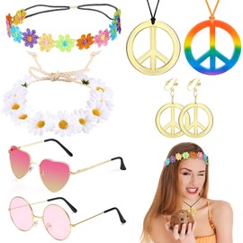 VEGCOO Hippie Costume Set for Women and Men, 8 Pieces Retro Costume Accessories, 60s 70s Style Peace Sign Necklace and Earrings Headband Sunglasses for Party Suits