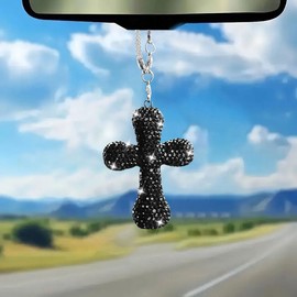 ZIMISI Bling Cross Car Hanging Ornament, Crystal Diamond Car Rear View Mirror Charm Accessories, Universal Rhinestone Vehicle Interior Decoration Pendant for Women Men (Black)