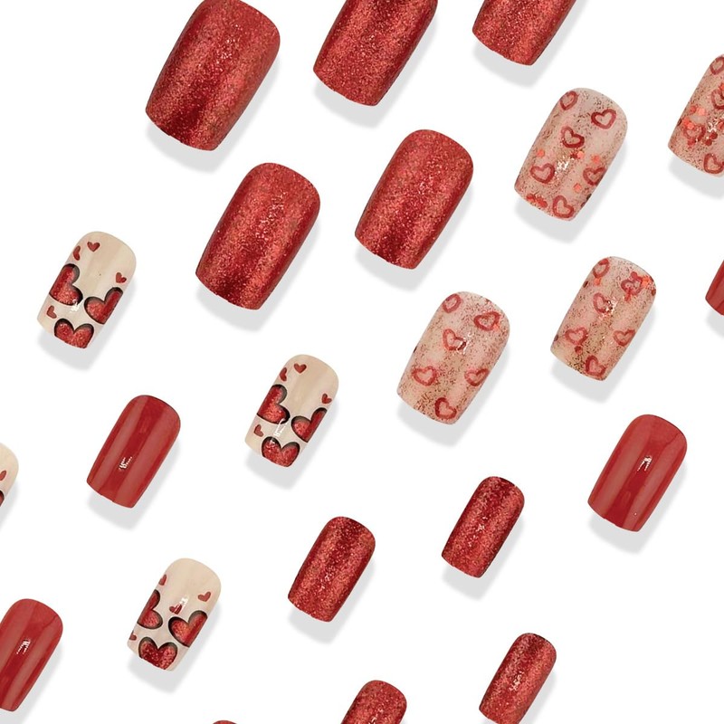 Press On Nails Medium Square Fake Nails - Red Glitter