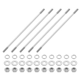 sourcing map 5pcs Double Ended Stud Screws, M5x200mm 304 Stainless Steel Dual Threaded Rod Bolts with Nuts and Flat & Lock Washers Double End Threaded Stud Screw Bolt for House Maintenance