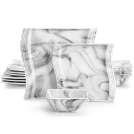 MALACASA Dinnerware Sets, 12-Piece Porcelain Plates and Bowls Sets, Square Dinnerware Set with Dinner Plates, Dessert Plates and Bowls, Marble Dish Set for 4, Modern Plates Set, Series Flora