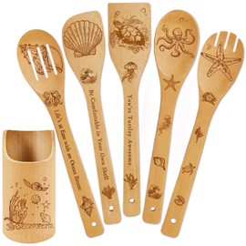 6 PCS Ocean Bamboo Cooking Spoon Set with Utensil Holder,Coastal Themed Kitchen Decor,Beach Accessories Gift for Women,Sea Turtle Lovers,Mother's Day,Housewarming,Birthday,Easter Gifts