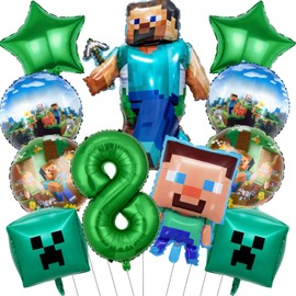 RNHDLY 8th Birthday Party Decorations Boys, 11Pcs Miner Foil Balloons, Gaming Birthday Decorations, Gaming Theme Party Supplies Decoration