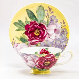 Grace's Teaware Bone China Peony Bloom Butter Tea/coffee Cup and Saucer Set Of 4