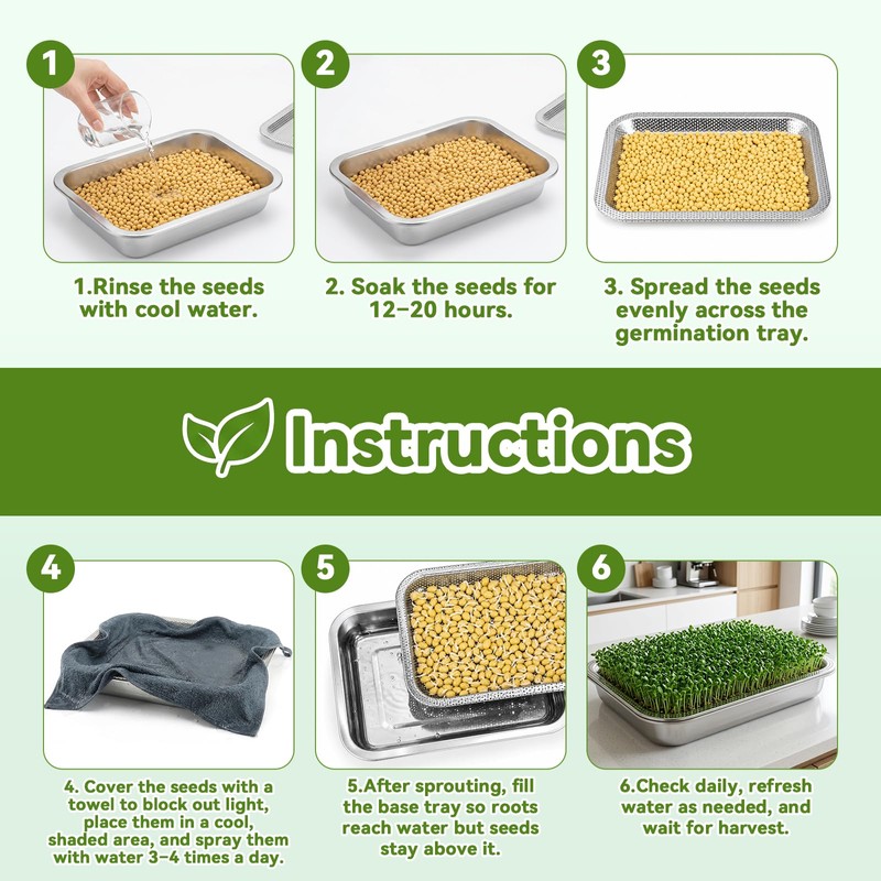 2 Pcs Stainless Steel Seed Sprouting Trays with Towel &