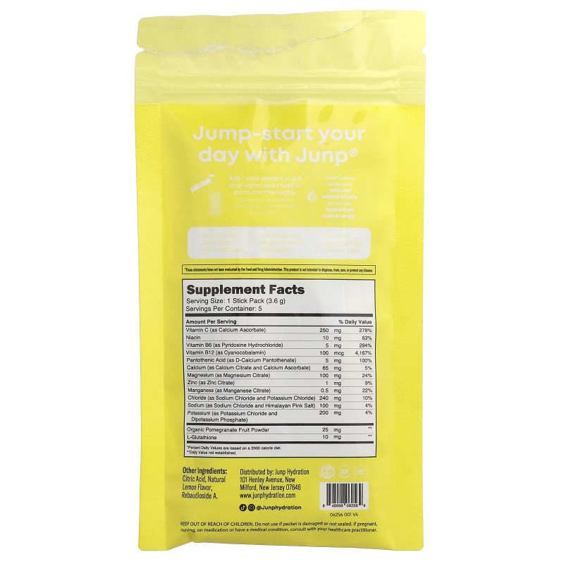 JUNP Hydration Electrolyte Powder Mix, Lemon, 5 Stick Packs, 0.13
