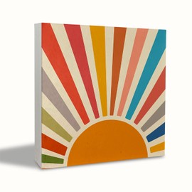 KEUSPI Boho Desk Decor,Retro Boho Sun Sunrise Sunset Colorful Sunshine Rustic Boho Sun Wood Block Plaque Box Sign Desk Decor for Bohemian Home Office Dorm Wall Tabletop Shelf Decorations