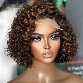 Highlight Blonde Short Bob Glueless Wig Human Hair 4/27 Colored Curly Bob 13x4 Transparent Lace Front Wig For Women Pre Plucked For Women 150% Density Natural Hairline Wig Brazilian Hair 12Inch