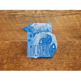 Noteworthy Michigan Postcard, Greetings from Michigan, Great Lakes State, Illustrated Michigan State Map Postcard, Single Letterpress and Die Cut Shaped Postcard