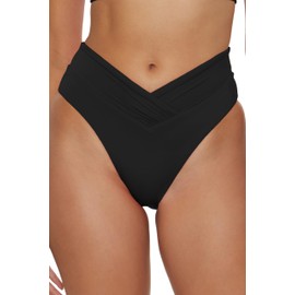 BECCA Women's Standard Color Code High Waisted Shirred Bikini Bottom, Cheeky Coverage, Swimwear Separates, Black, Small