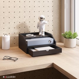 Ballucci Desk Organizer with Drawer, 2 Tier Paper Office Supplies Desk Organizer, 13 2/5" x 9 3/5" x 6", Black