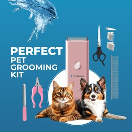 Pet Hair Grooming Kit, 5-in-1 Waterproof Electric Clipper Set with Scissors and Comb, Low Noise 12V Motor, Pink Clipper