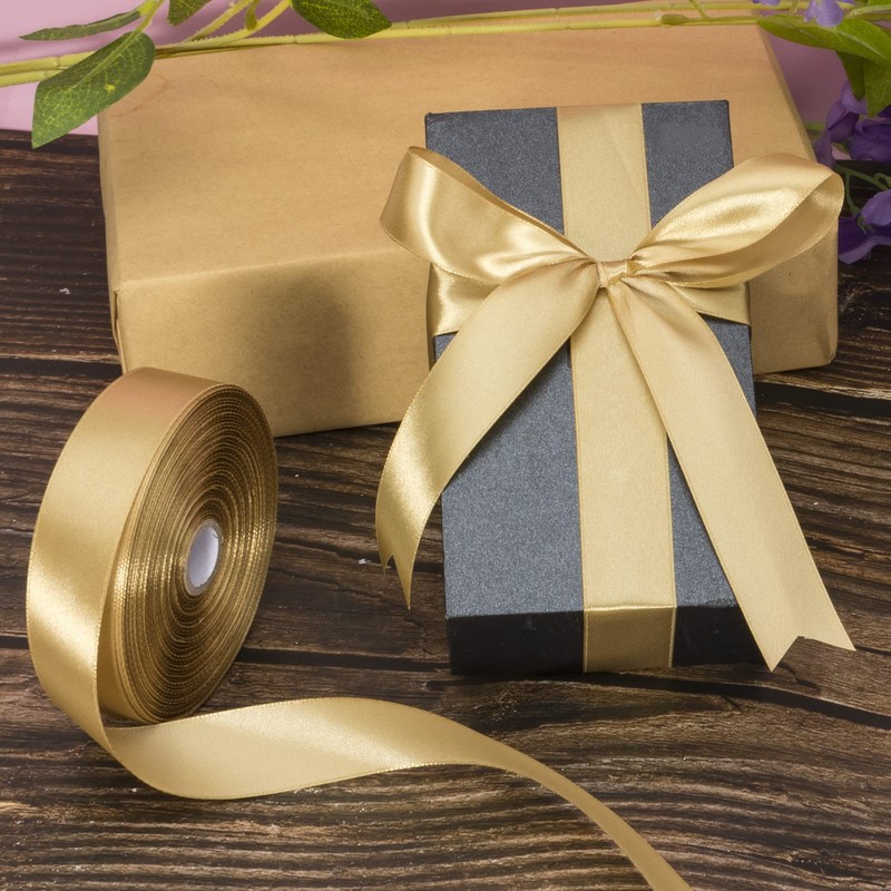 YASEO 1 Inch Champaign Gold Solid Satin Ribbon, 50 Yards